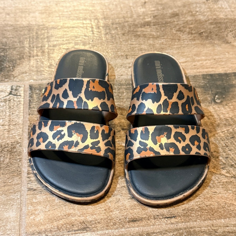 Mini Melissa Kids Leopard Print Double Strap Vegan Slide Sandals, Gold Black, 2 - Picture 3 of 9